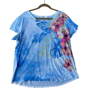 Terra & Sky Plus 1X Blue Floral V-Neck Blouse Short Sleeve Casual Top